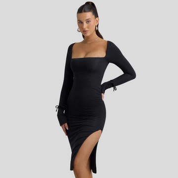 Vestido de Mujer Intensa Midi con Escote Cuadrado en Negro